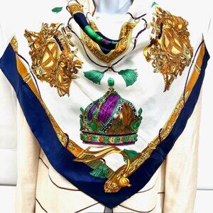 Vgt Paris Modern 100% Silk  ScarfSatin 34" x34"white blue gold Franch Design (2f